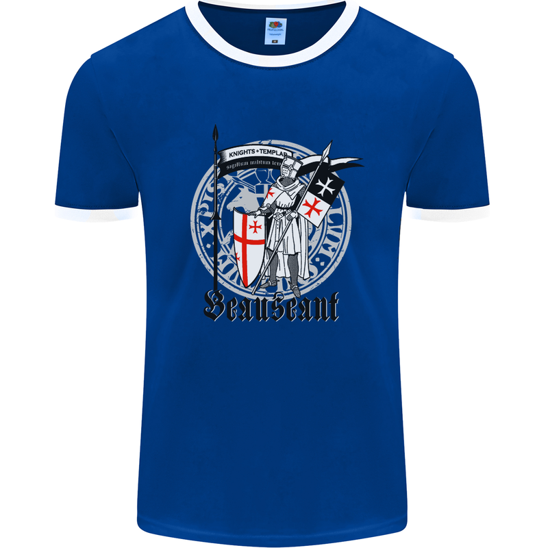 Knights Templar St Georges Day Beauseant Mens White Ringer T-Shirt Royal Blue/White