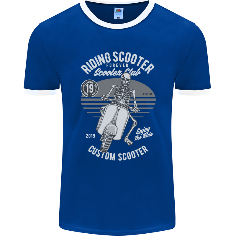 Scooter Club Motorbike Motorcycle Skull Mens Ringer T-Shirt FotL Royal Blue/White