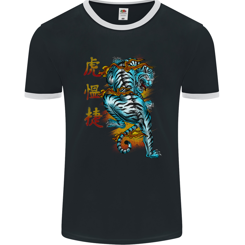 Japanese Tiger Japan Text Dragon Mens Ringer T-Shirt FotL Black/White