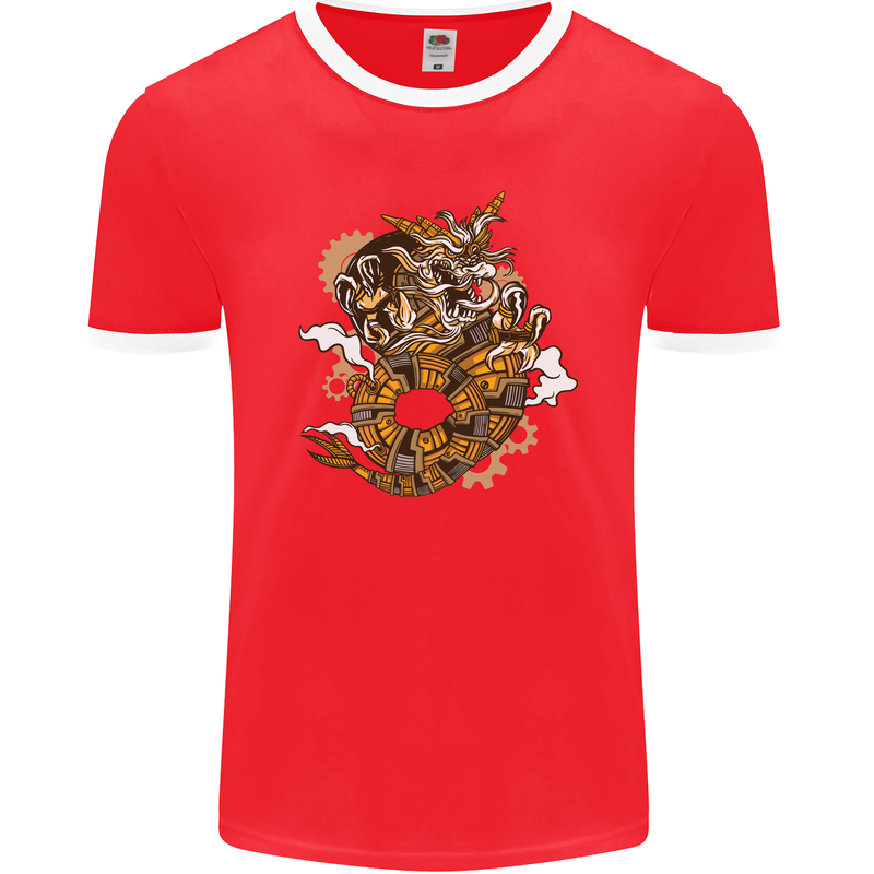 Steampunk Dragon Mens Ringer T-Shirt FotL Red/White