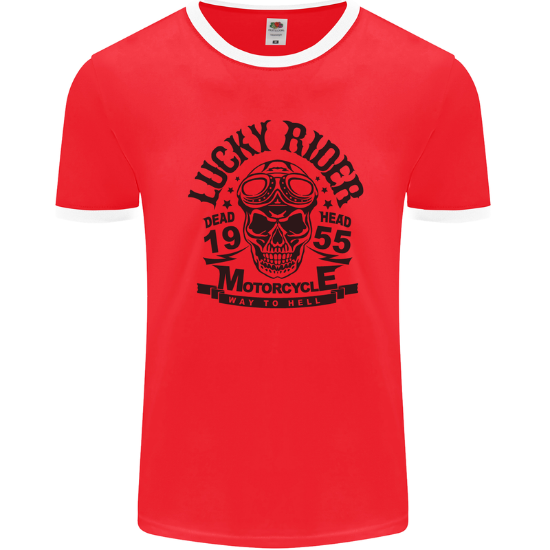 Lucky Rider Dead Head Motorbike Biker Mens Ringer T-Shirt FotL Red/White