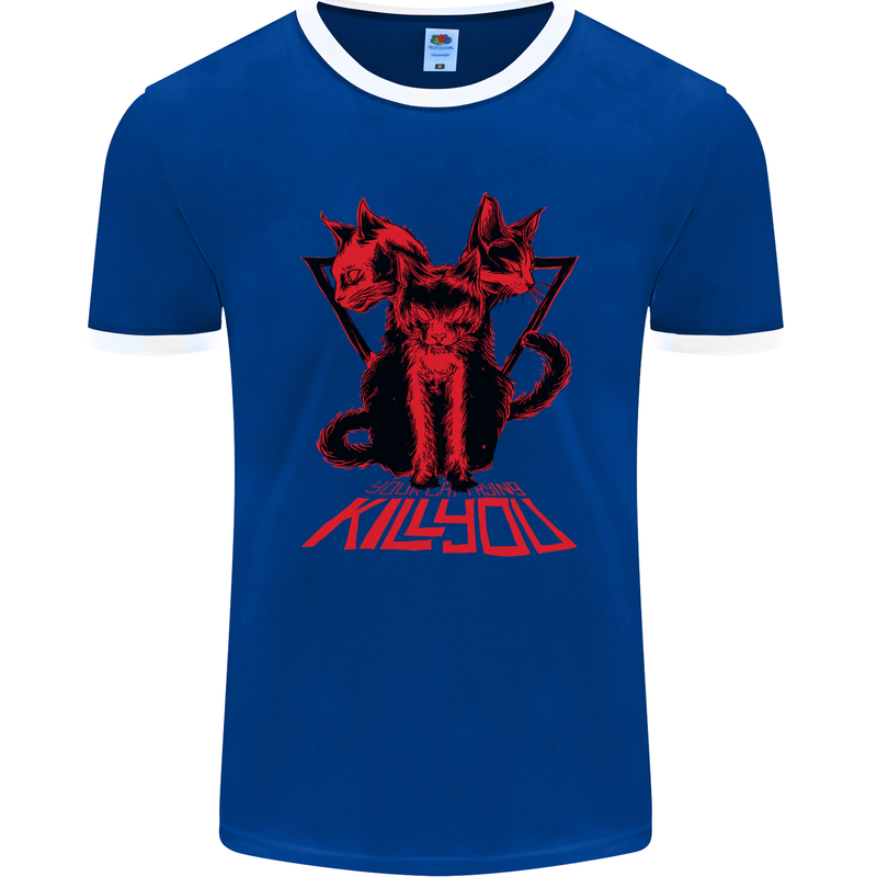 Demonic Cats Halloween Horror Witch Demons Mens Ringer T-Shirt FotL Royal Blue/White