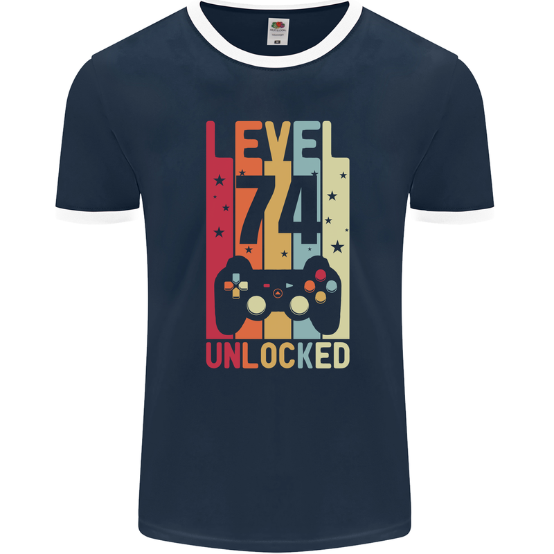 74th Birthday 74 Year Old Level Up Gamming Mens Ringer T-Shirt FotL Navy Blue/White