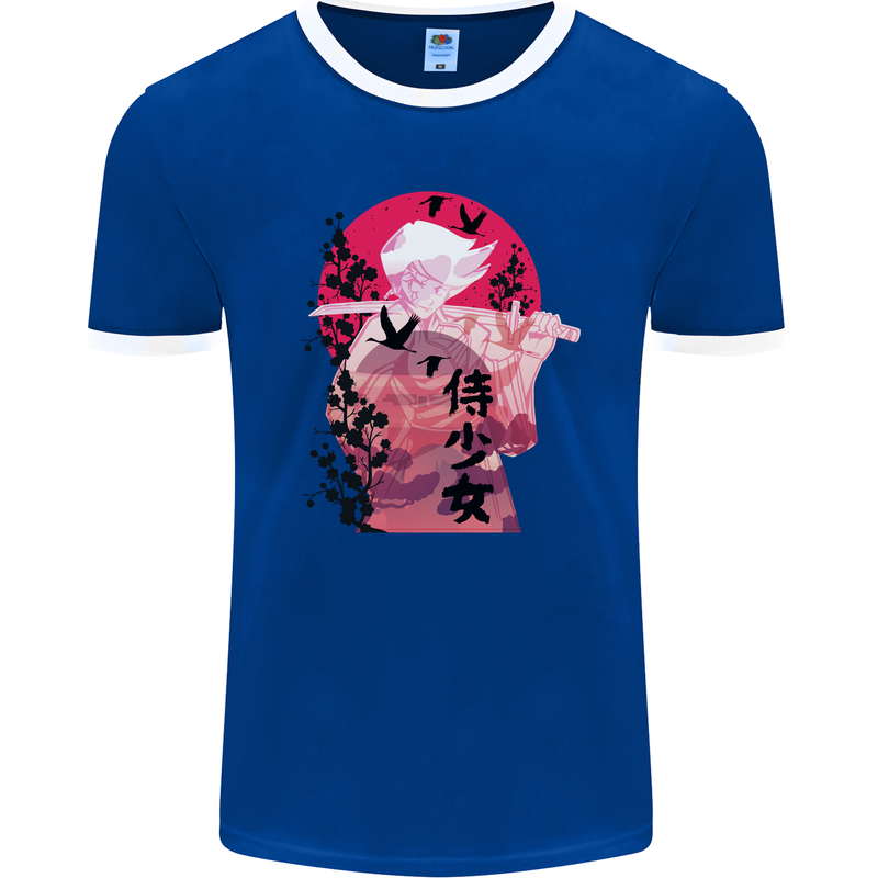 Anime Samurai Woman With Sword Mens Ringer T-Shirt FotL Royal Blue/White