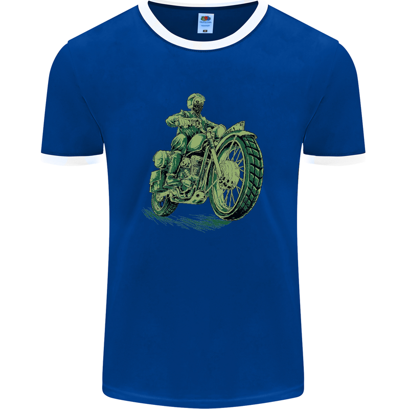 Biker Green Cafe Racer Motorbike Motorcycle Mens Ringer T-Shirt FotL Royal Blue/White