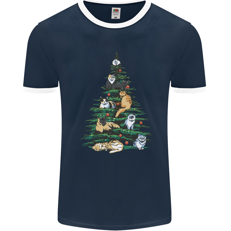 Cat Christmas Tree Mens Ringer T-Shirt FotL Navy Blue/White