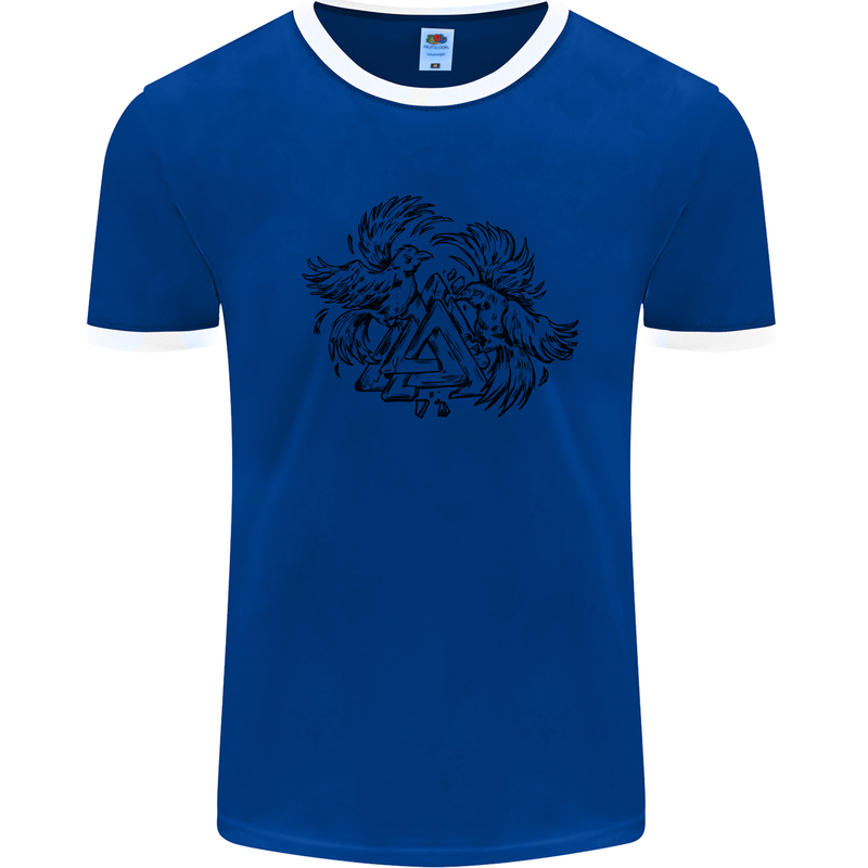 Valknut Symbol With Ravens Viking Mens White Ringer T-Shirt Royal Blue/White