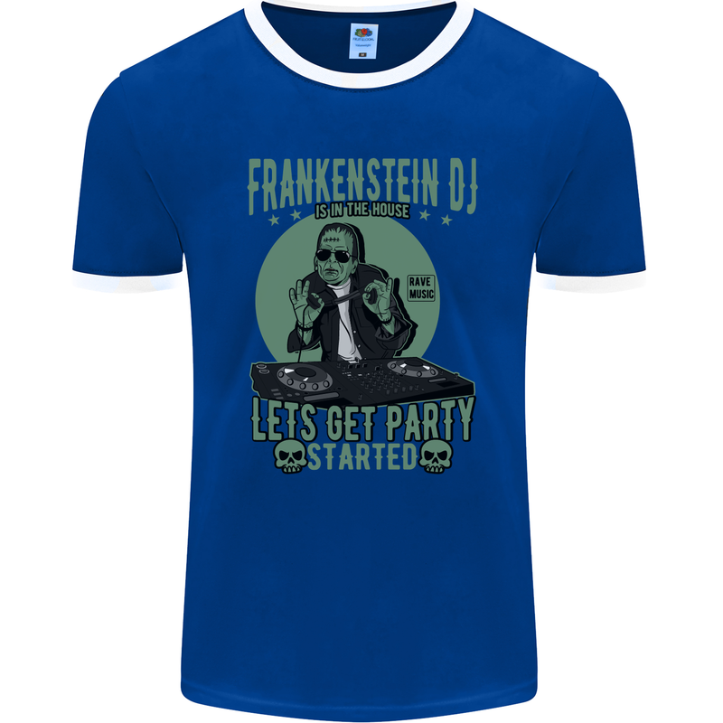 DJ Frankenstein Funny Music Vinyl Halloween Mens Ringer T-Shirt FotL Royal Blue/White