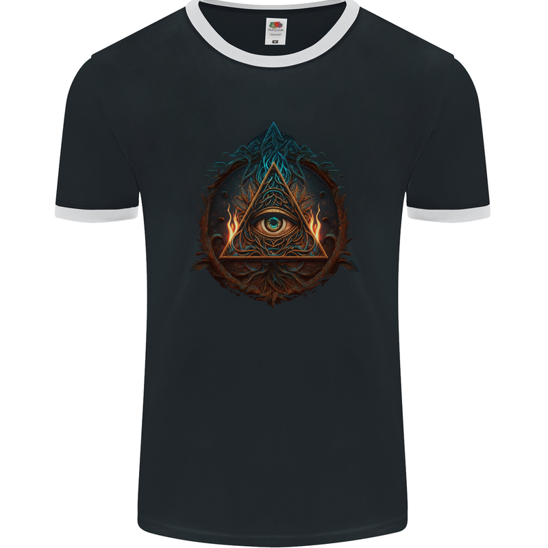 Illuminati Eye With Flames Conspiracy Fantasy Mens Ringer T-Shirt FotL Black/White