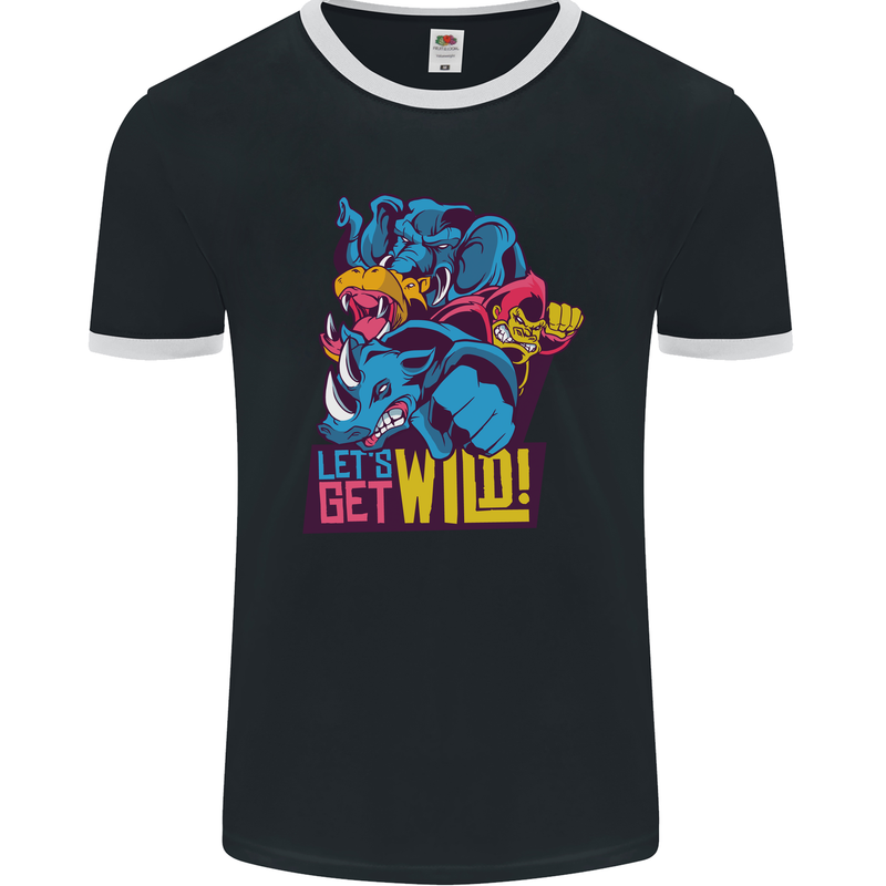 Lets Get Wild Rhino Gorilla Elephant Hippo Mens Ringer T-Shirt FotL Black/White