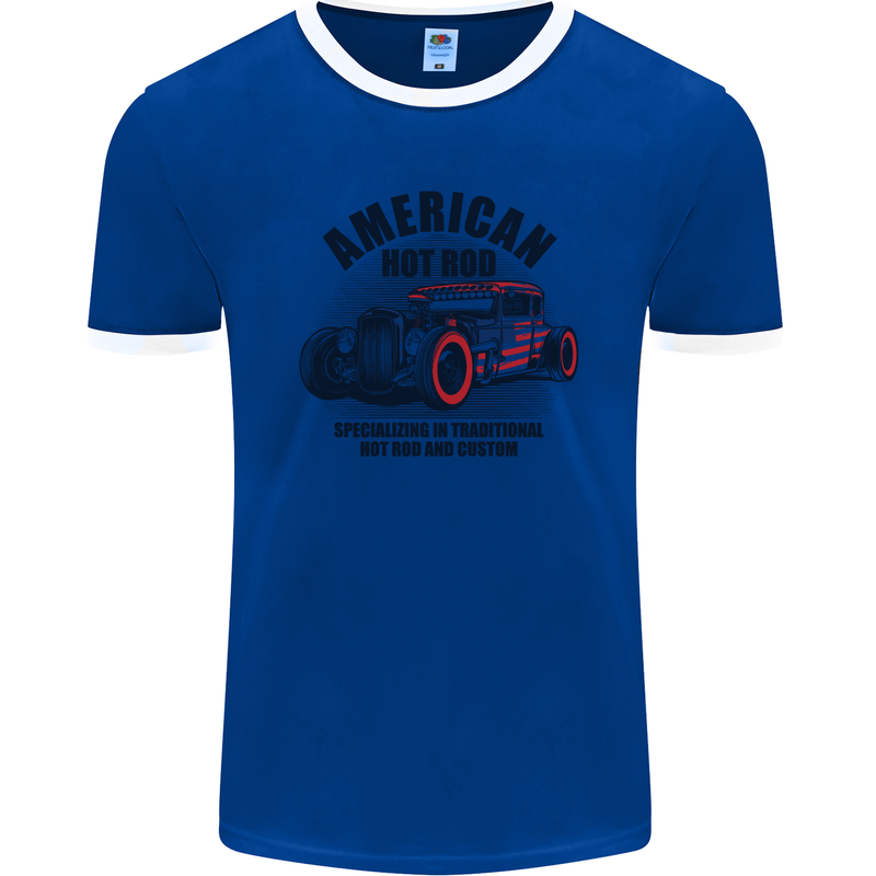 American Hot Rod Hotrod Enthusiast Car Mens Ringer T-Shirt FotL Royal Blue/White