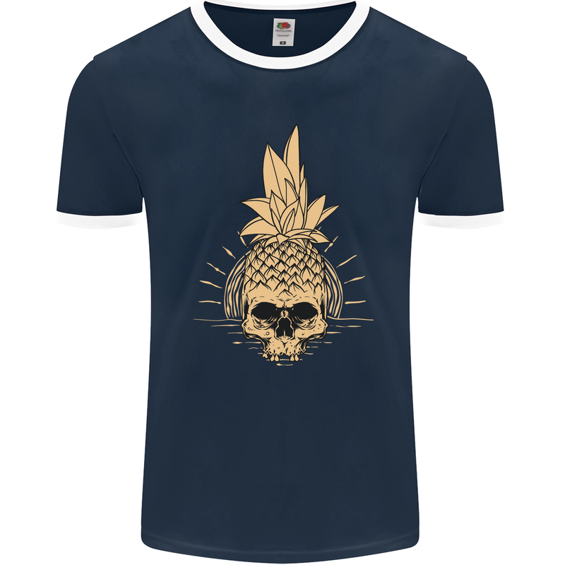 Pineapple Skull Gothic Biker Surfing Mens Ringer T-Shirt FotL Navy Blue/White