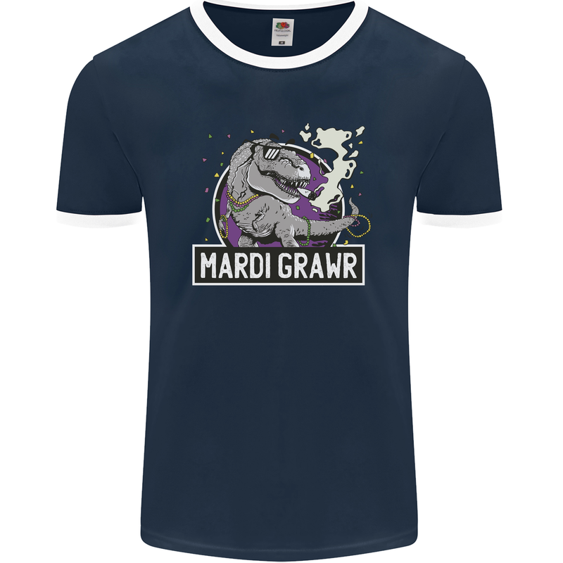 Funny T-Rex Mardi Gras Grawr Dinosaur Mens Ringer T-Shirt FotL Navy Blue/White