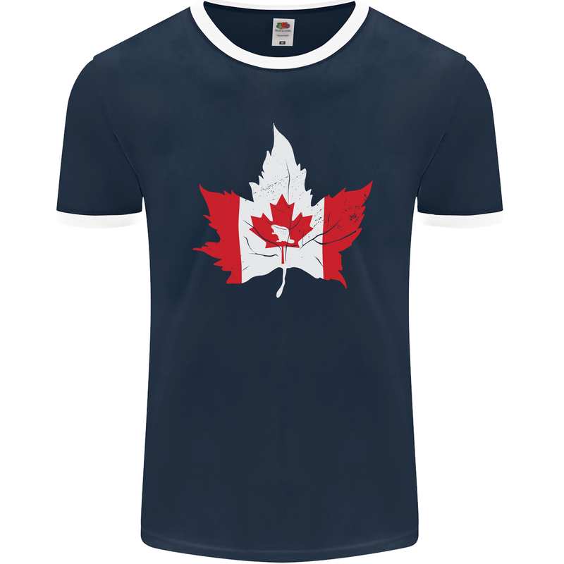 Canadian Maple Leaf Flag Canada Beaver Mens Ringer T-Shirt FotL Navy Blue/White