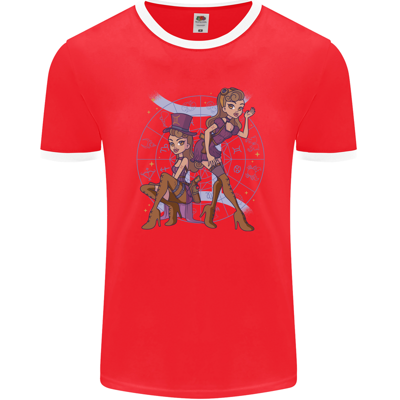 Gemini Star Sign Zodiac Astrological Mens Ringer T-Shirt FotL Red/White