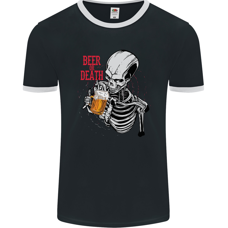 Beer or Death Skull Funny Alcohol Mens Ringer T-Shirt FotL Black/White