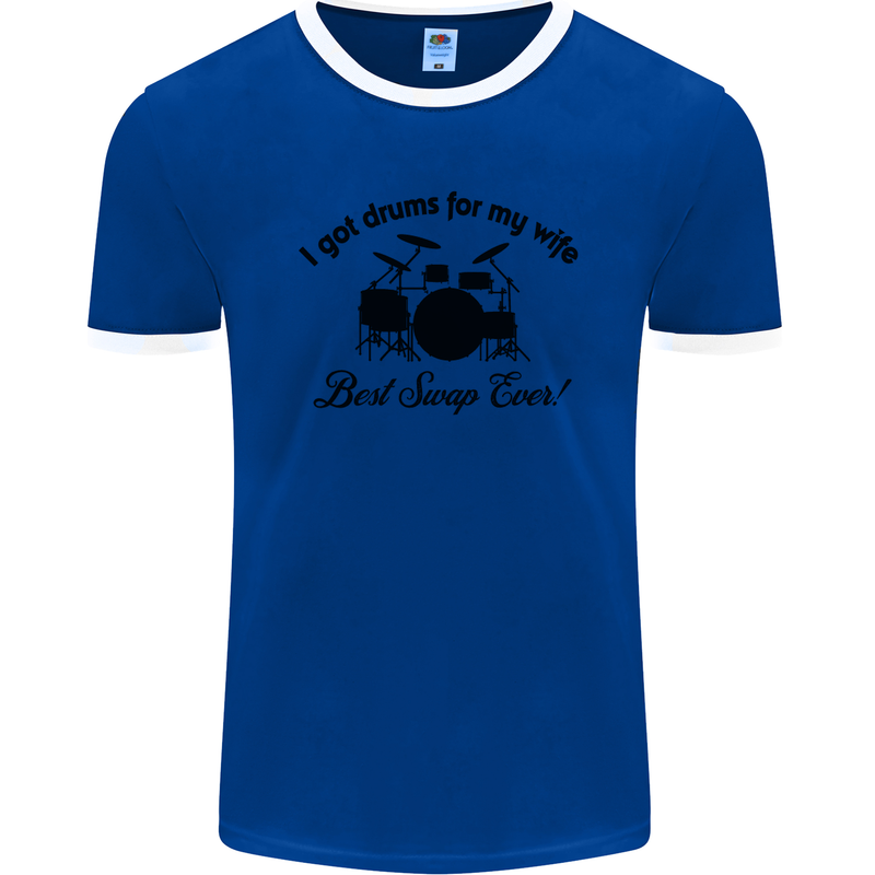 Drums for My Wife Drumming Drummer Mens Ringer T-Shirt FotL Royal Blue/White