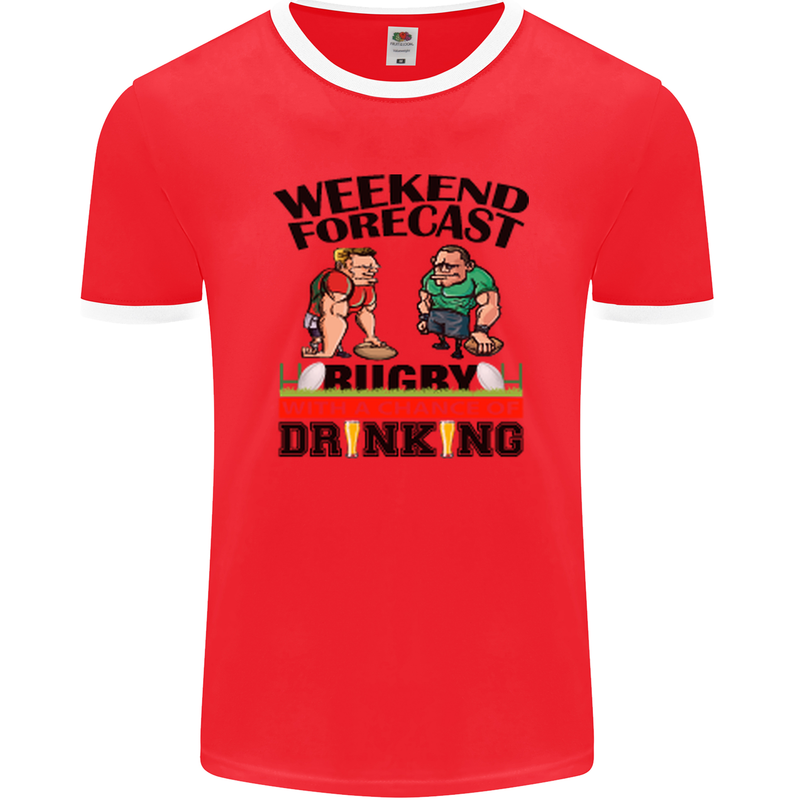 Weekend Forecast Rugby Funny Beer Alcohol Mens Ringer T-Shirt FotL Red/White