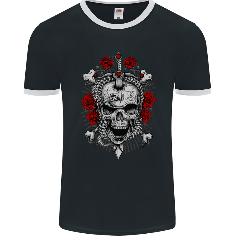Rebelion Skull Biker Heavy Metal Rock Music Mens Ringer T-Shirt FotL Black/White