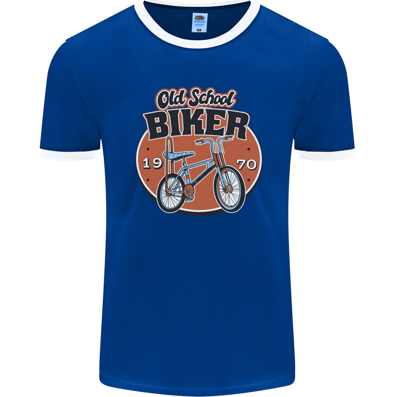 Old School Biker Bicycle Chopper Cycling Mens Ringer T-Shirt FotL Royal Blue/White