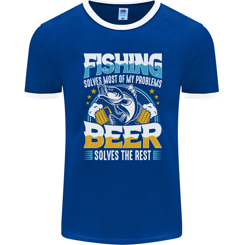 Fishing & Beer Funny Fisherman Alcohol Mens Ringer T-Shirt FotL Royal Blue/White