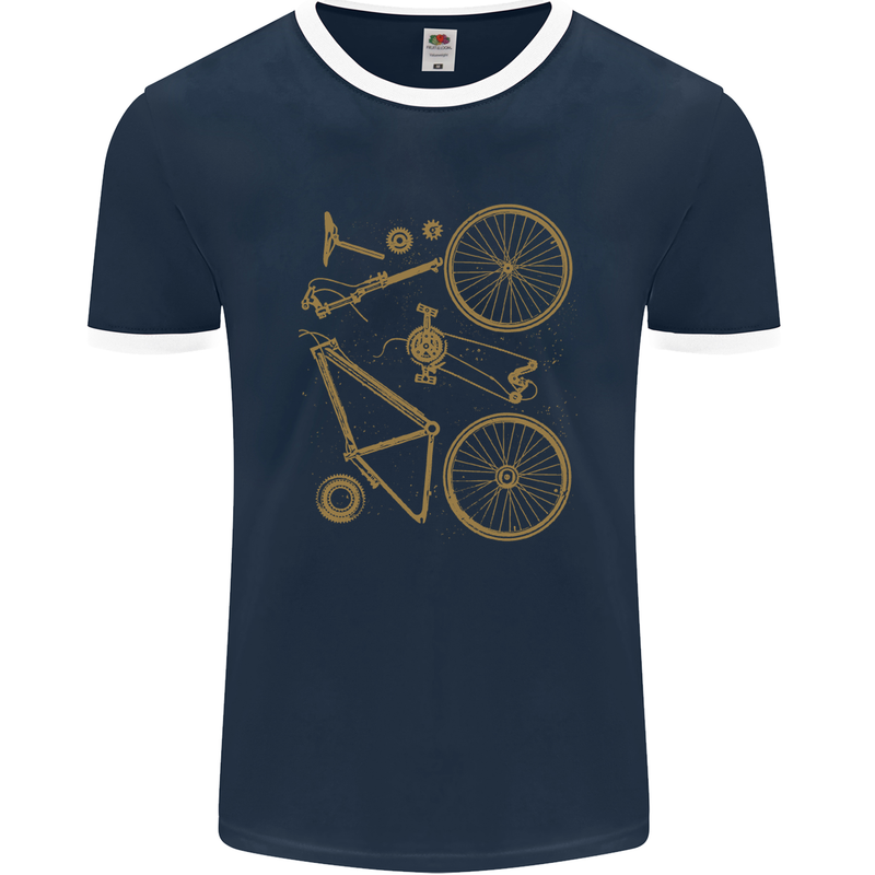 Bicycle Parts Cycling Cyclist Bike Funny Mens Ringer T-Shirt FotL Navy Blue/White