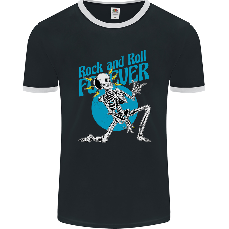 Rock & Roll Forever Air Guitar Skeleton Skull Mens Ringer T-Shirt FotL Black/White