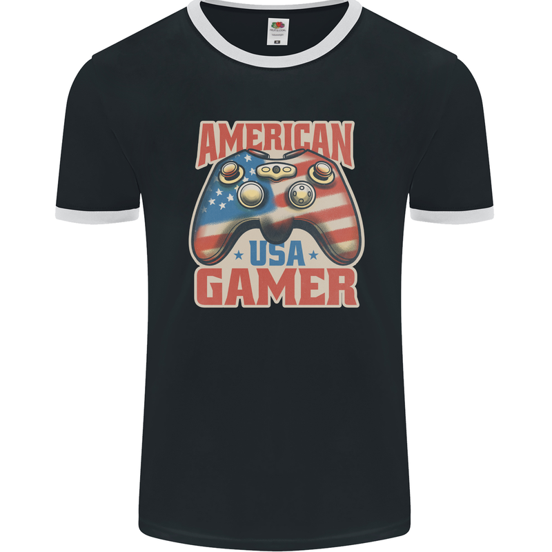 American USA Gamer Video Games Joypad Mens Ringer T-Shirt FotL Black/White