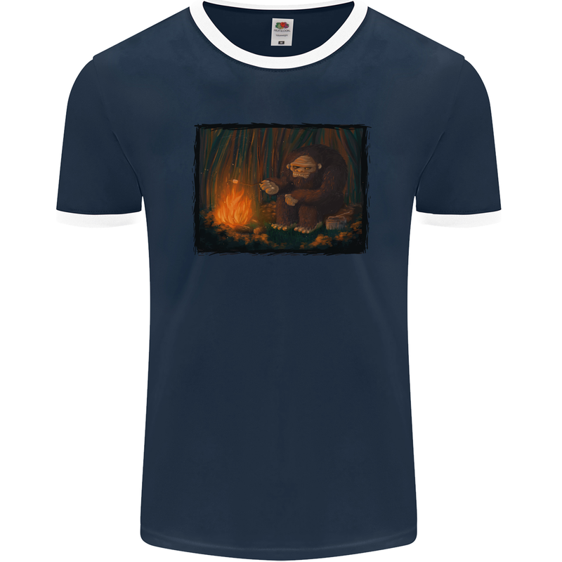 Bigfoot Camping and Cooking Marshmallows Mens Ringer T-Shirt FotL Navy Blue/White