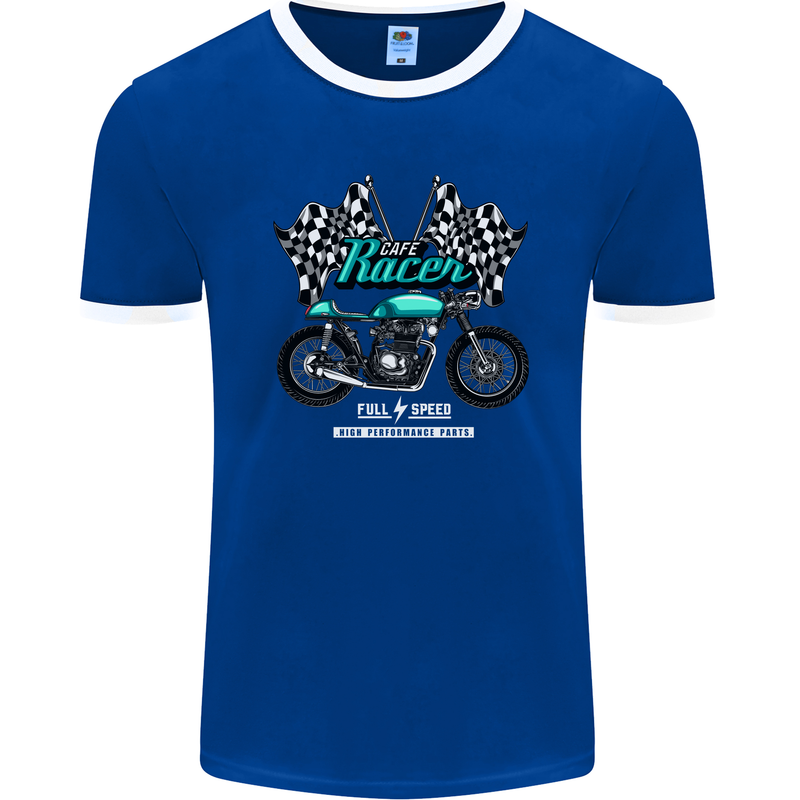 Cafe Racer Full Speed Biker Motorcycle Mens Ringer T-Shirt FotL Royal Blue/White