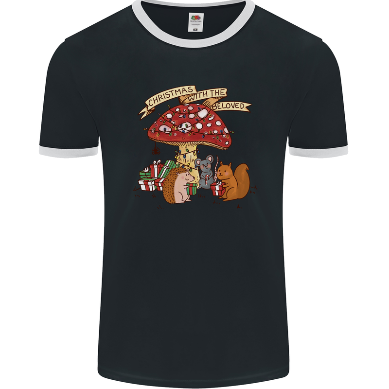 Christmas Hedgehog Toadstool Mouse Mens Ringer T-Shirt FotL Black/White