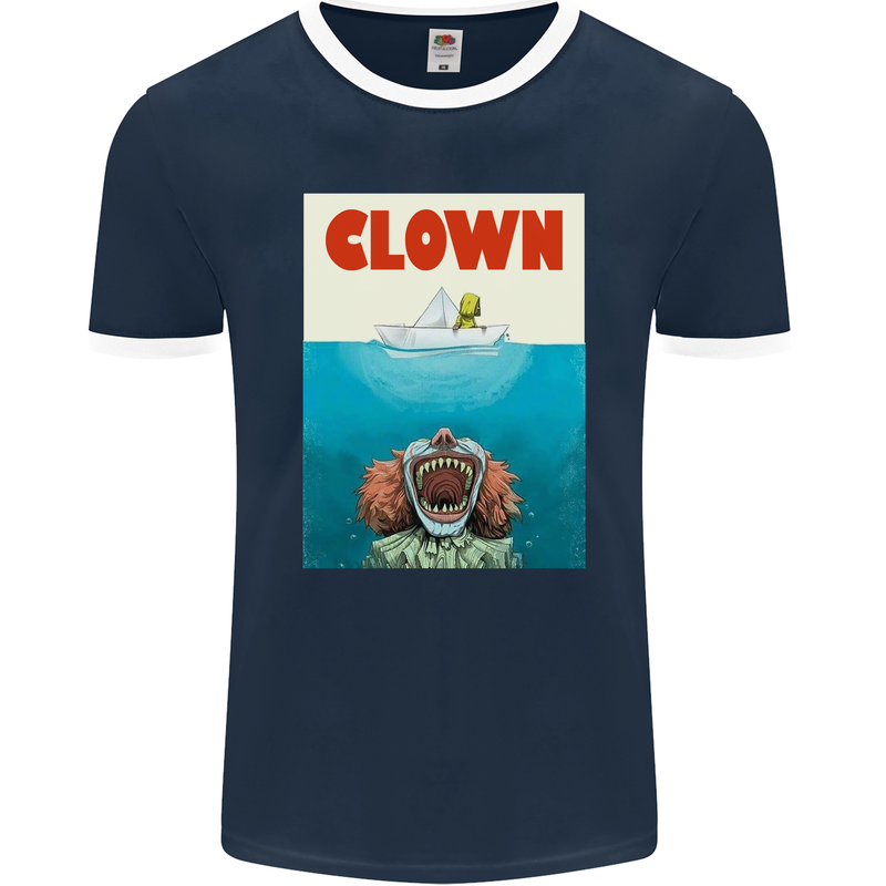 Jaws Funny Parody Clown Halloween Horror Mens Ringer T-Shirt FotL Navy Blue/White