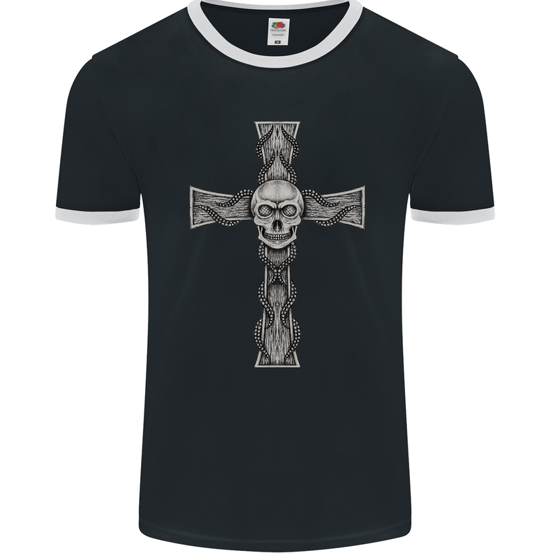 A Gothic Skull and Tentacles on a Cross Mens Ringer T-Shirt FotL Black/White