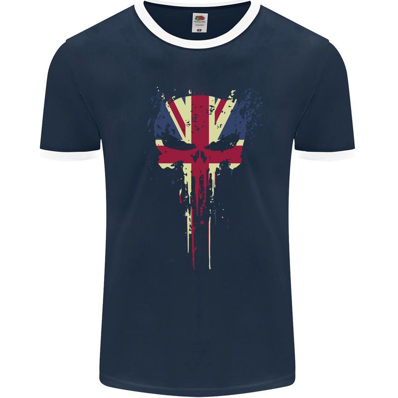 Union Jack Skull Gym St. George's Day Mens Ringer T-Shirt FotL Navy Blue/White