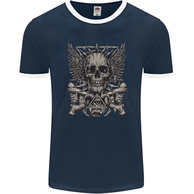 Heavy Metal Skull Rock Music Guitar Biker Mens Ringer T-Shirt FotL Navy Blue/White