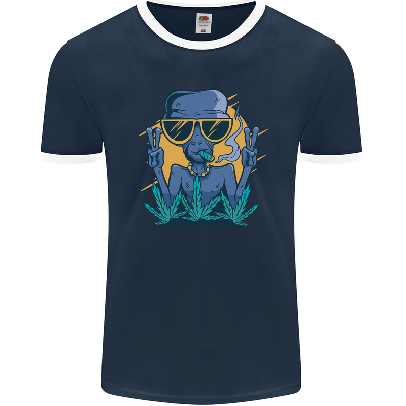 An Alien Smoking Weed Funny Drug Culture Mens Ringer T-Shirt FotL Navy Blue/White
