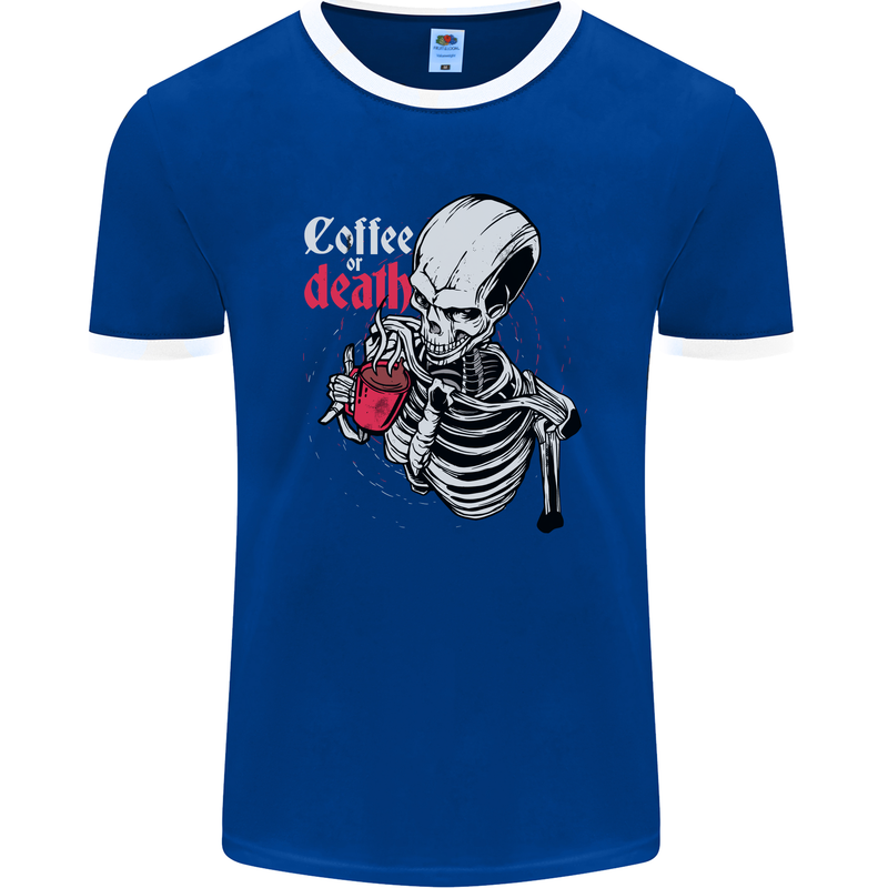 Coffee or Death Skull Mens Ringer T-Shirt FotL Royal Blue/White