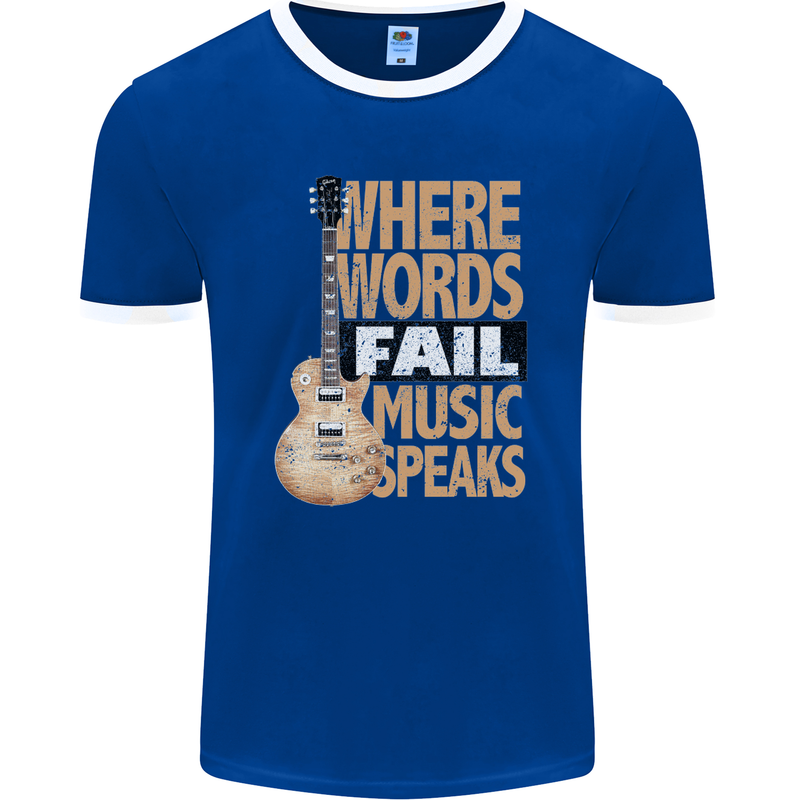 Guitar Words Fail Music Speaks Guitarist Mens Ringer T-Shirt FotL Royal Blue/White