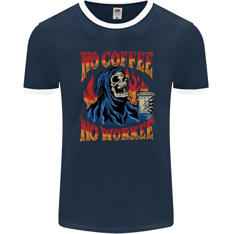 No Coffee No Work Funny Skull Grim Reaper Mens Ringer T-Shirt FotL Navy Blue/White