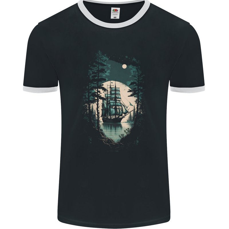 A Sailing Ship in the Moonlight Sailor Mens Ringer T-Shirt FotL Black/White