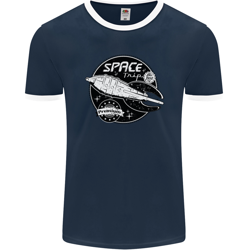 Space Trip Rocket Ship Astronaut Mens Ringer T-Shirt FotL Navy Blue/White