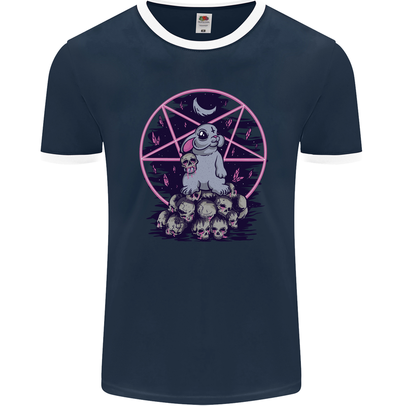 Demonic Satanic Rabbit With Skulls Mens Ringer T-Shirt FotL Navy Blue/White