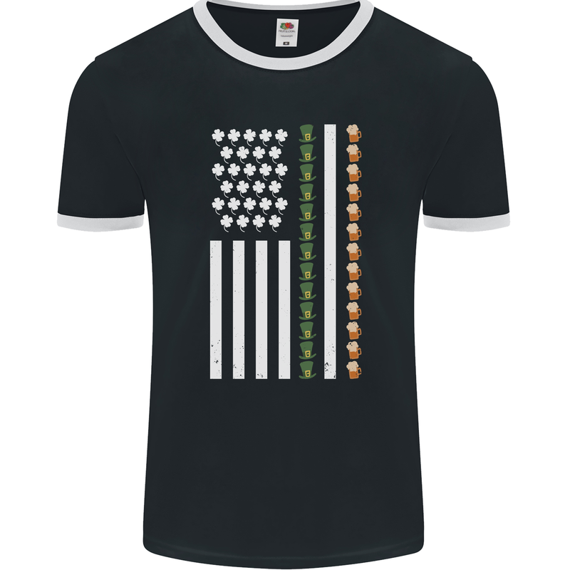 St Patricks Day USA Flag America Beer Alcohol Mens Ringer T-Shirt FotL Black/White