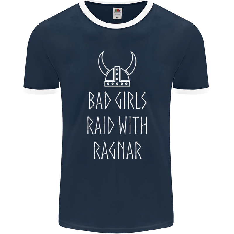 Bad Girls Raid With Ragnar Vikings Valhalla Mens Ringer T-Shirt FotL Navy Blue/White