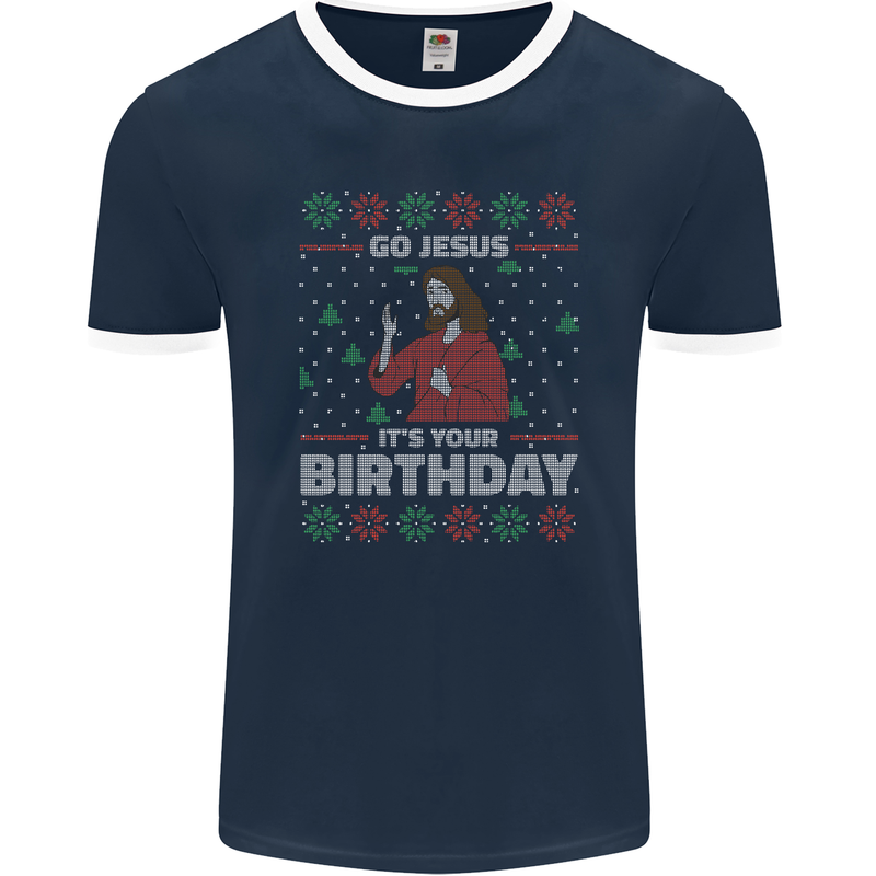 Go Jesus It's Your Birthday Funny Christmas Mens Ringer T-Shirt FotL Navy Blue/White