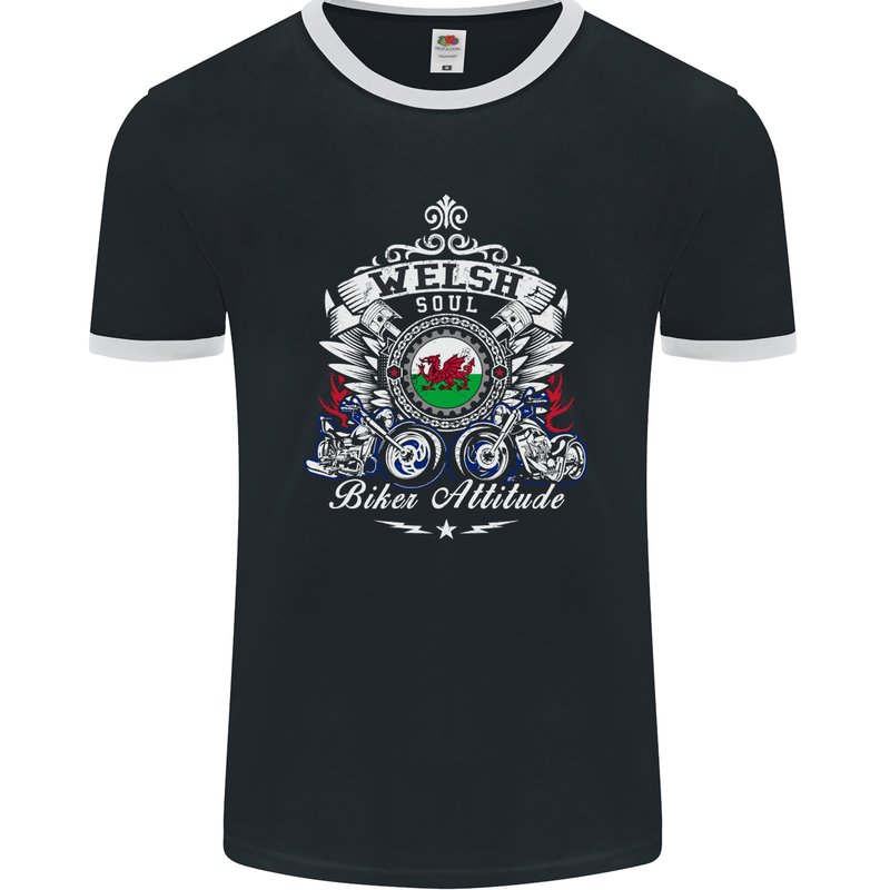 Welsh Soul Biker Attitude Bike Motorcycle Mens Ringer T-Shirt FotL Black/White