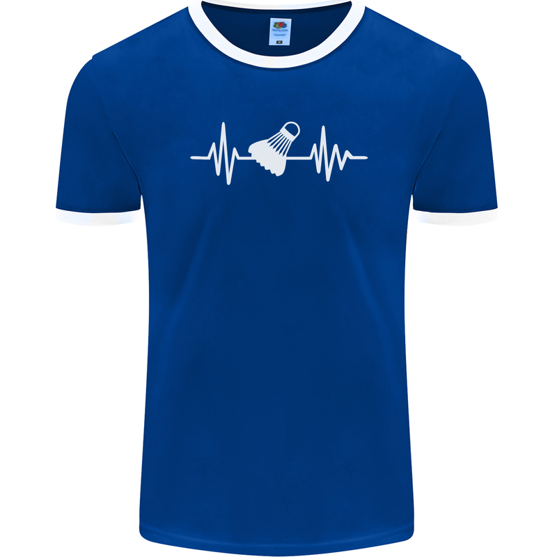 Pulse Badminton Player Funny ECG Mens Ringer T-Shirt FotL Royal Blue/White