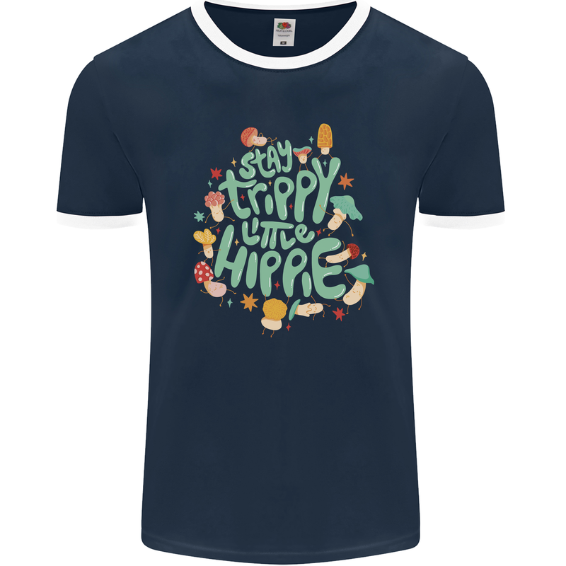 Stay Trippy Hippy Magic Mushrooms Drugs Mens Ringer T-Shirt FotL Navy Blue/White