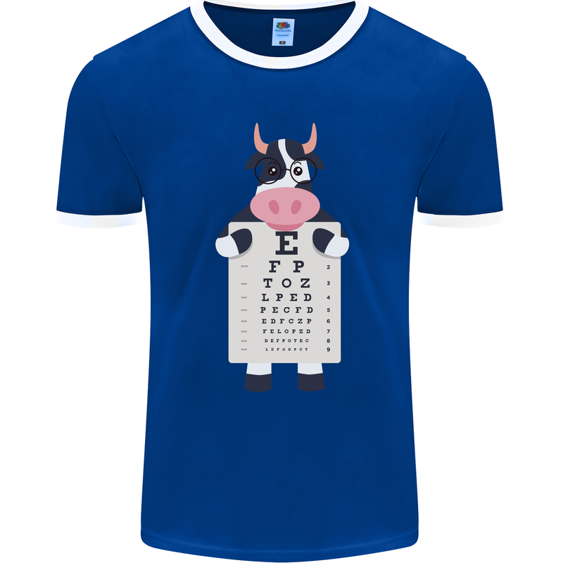 A Cow Holding a Snellen Eye Chart Glasses Mens Ringer T-Shirt FotL Royal Blue/White