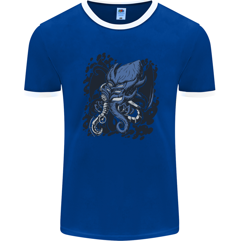 Cyberpunk Cthulhu Kraken Octopus Mens Ringer T-Shirt FotL Royal Blue/White